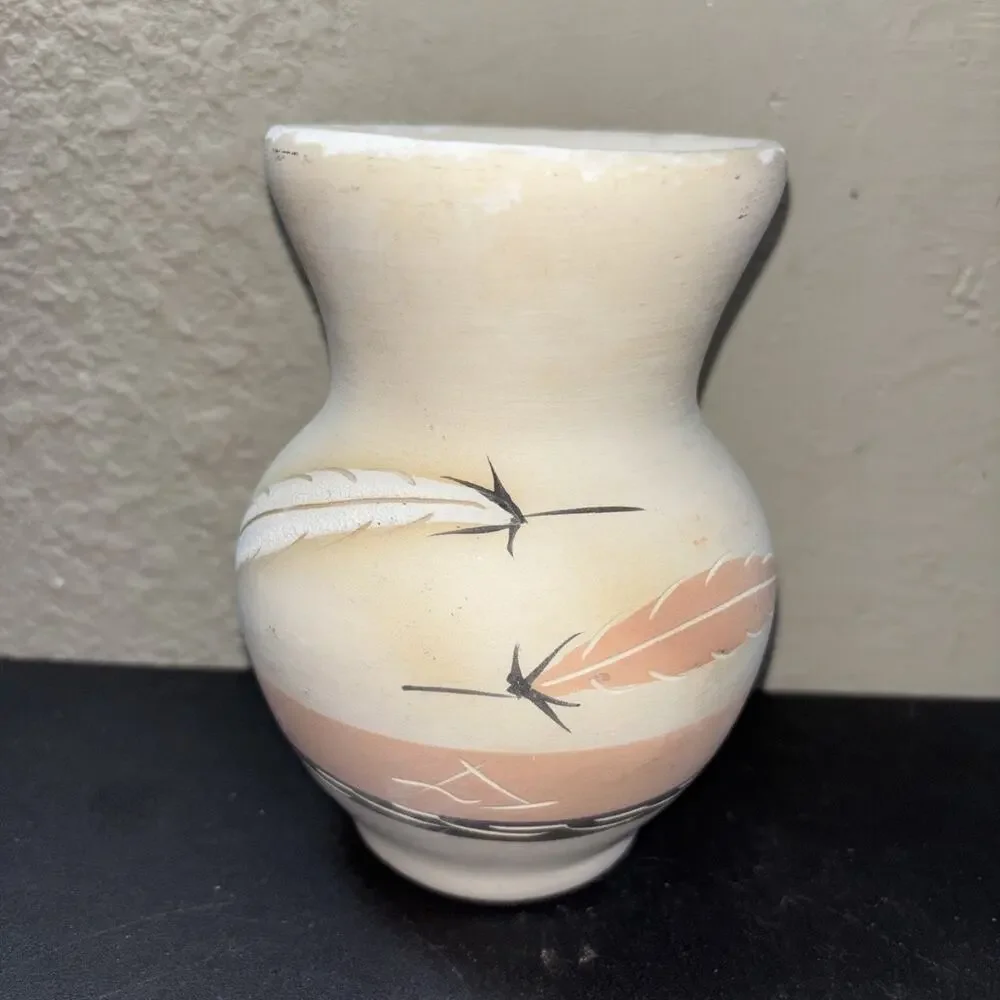 Rose Feathers Desert Pueblo Vase Painted Stoneware Pottery Signed 6